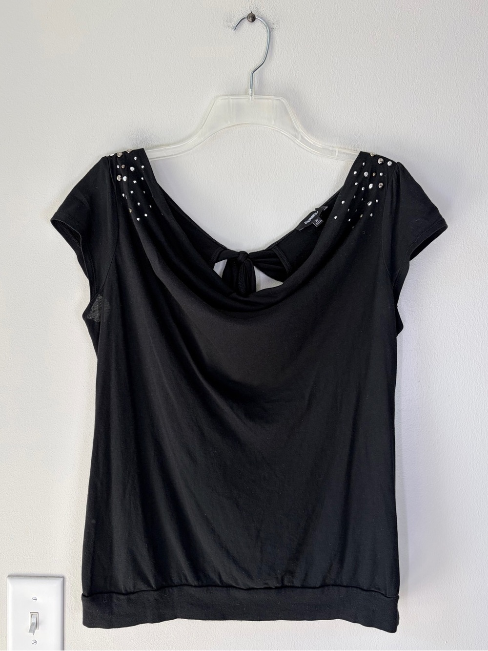 Express Y2K Black Cowl Neck Rhinestone Detail Slouchy Back Cut Out Top